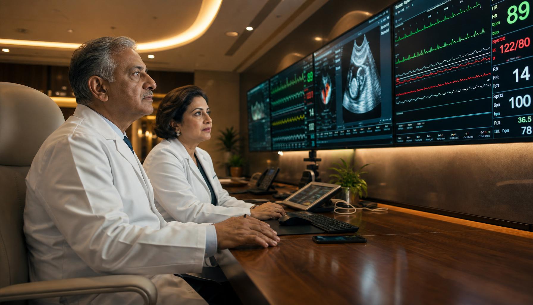 A senior male and a senior female Indian medical expert in lab coats reviewing live maternal and fetal dashboards at the Wombly command centre