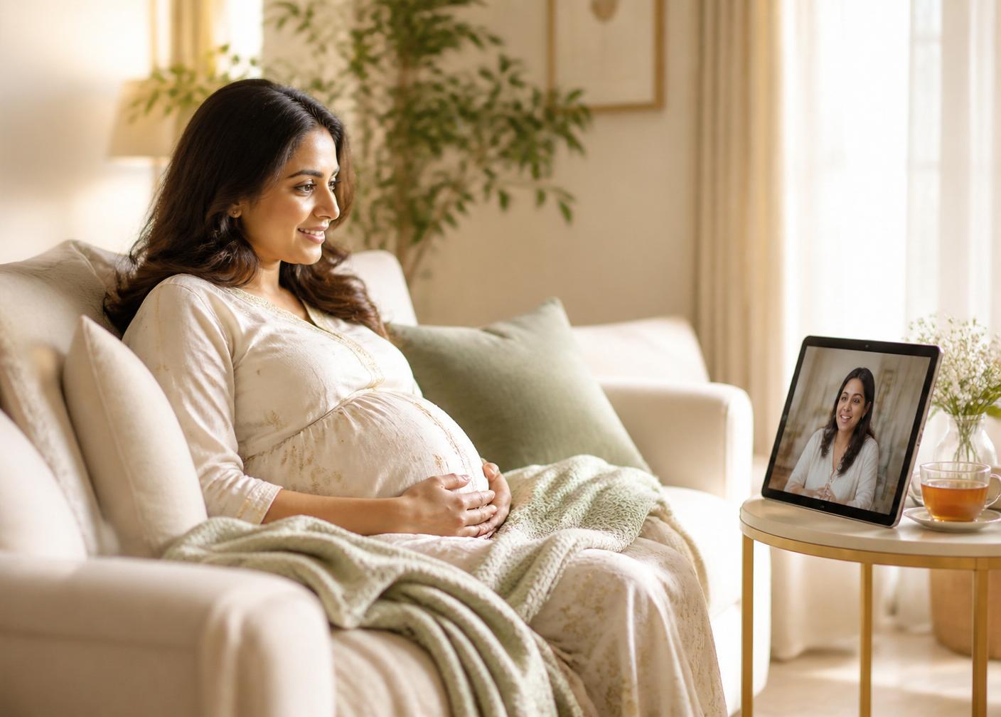 Elegant Indian pregnant woman in a warm video call with a compassionate female counsellor and lactation specialist