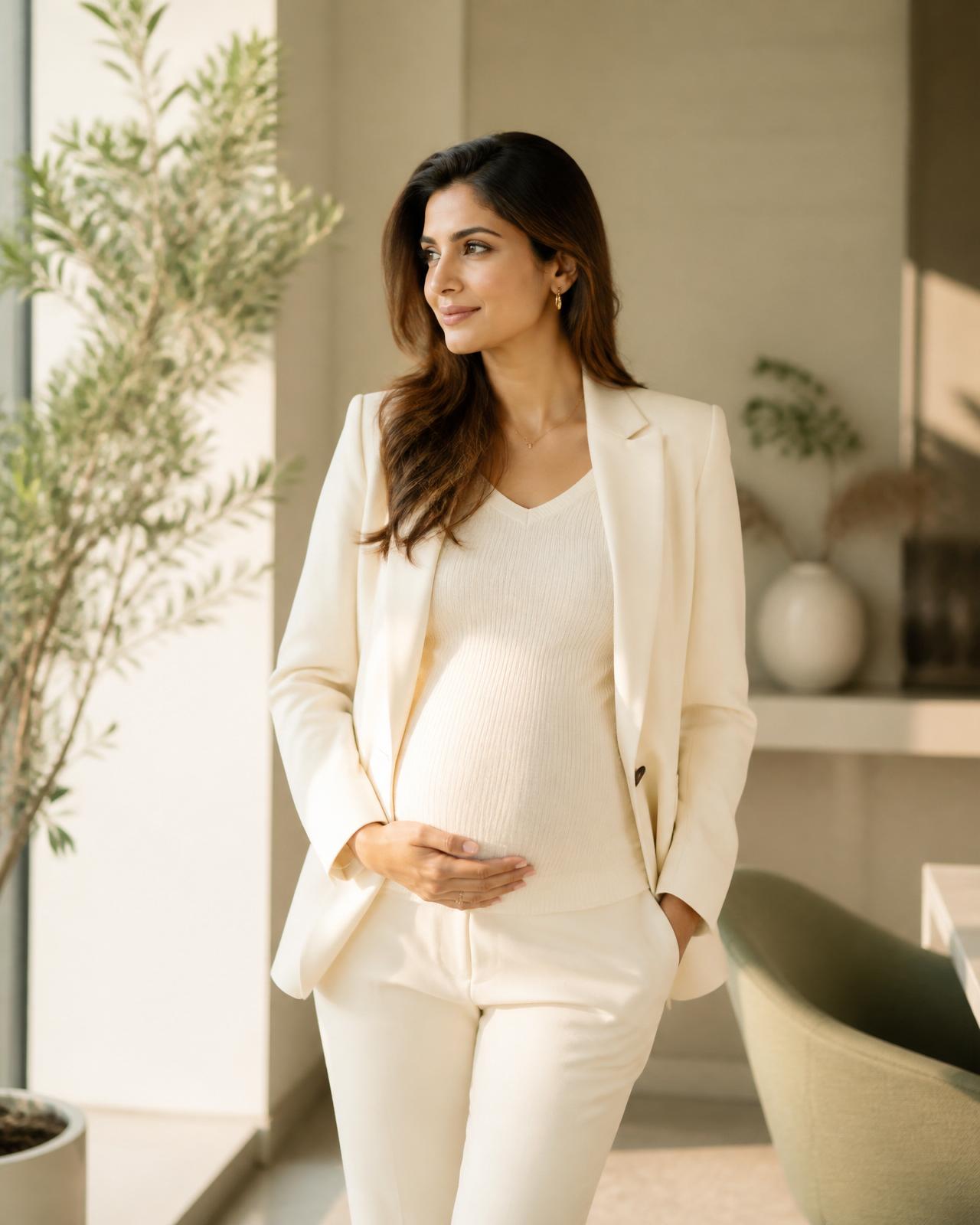 An elegant expectant Indian mother in ivory silk, illuminated by golden light