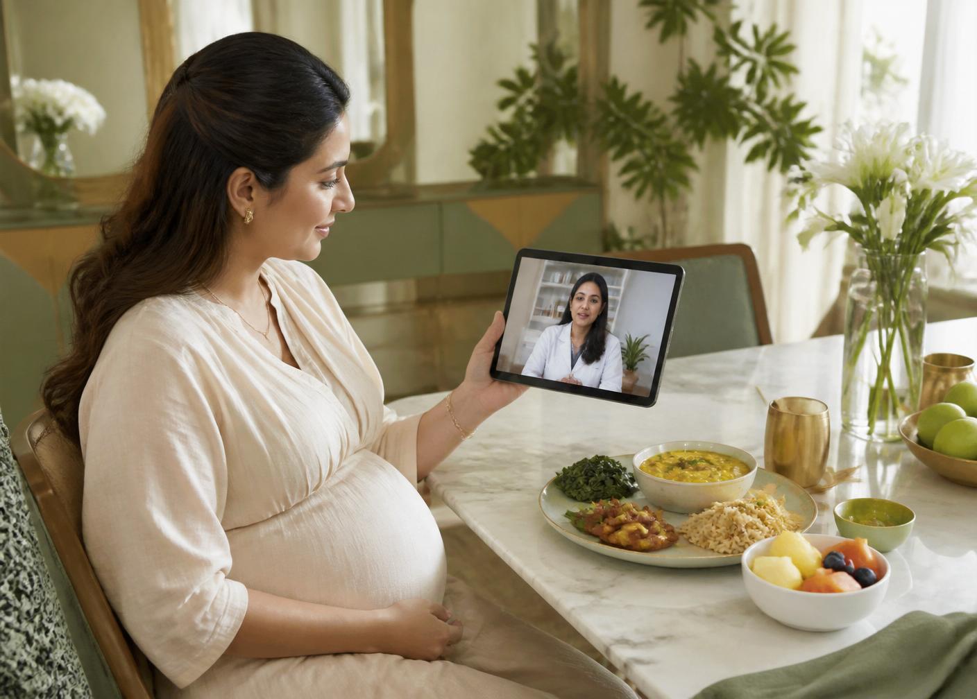 Elegant Indian pregnant woman consulting a female nutritionist over a tablet at home