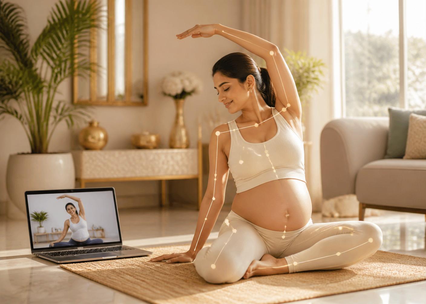 Elegant Indian pregnant woman doing prenatal physiotherapy at home with a laptop and an AI posture overlay