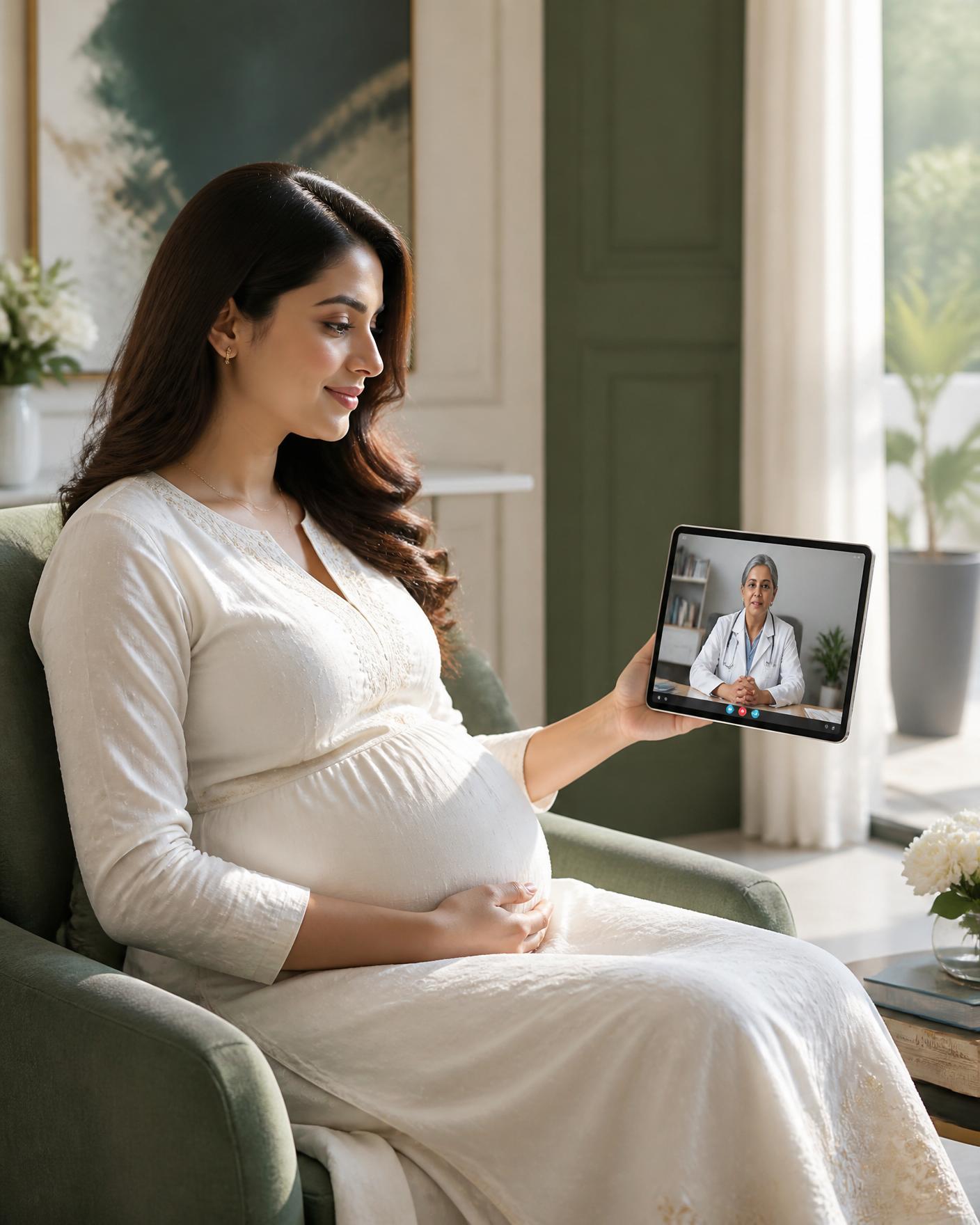 An expectant mother in conversation with a Wombly medical expert during an in-app consultation